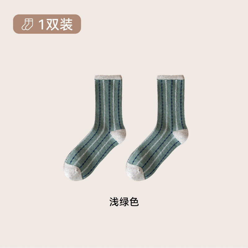 远润家秋冬复古日系条纹袜子女中筒百搭无骨潮流棉袜女堆堆袜子CH