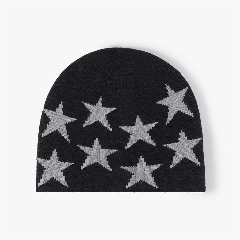 Black star jacquard fleece-lined knit beanie product view