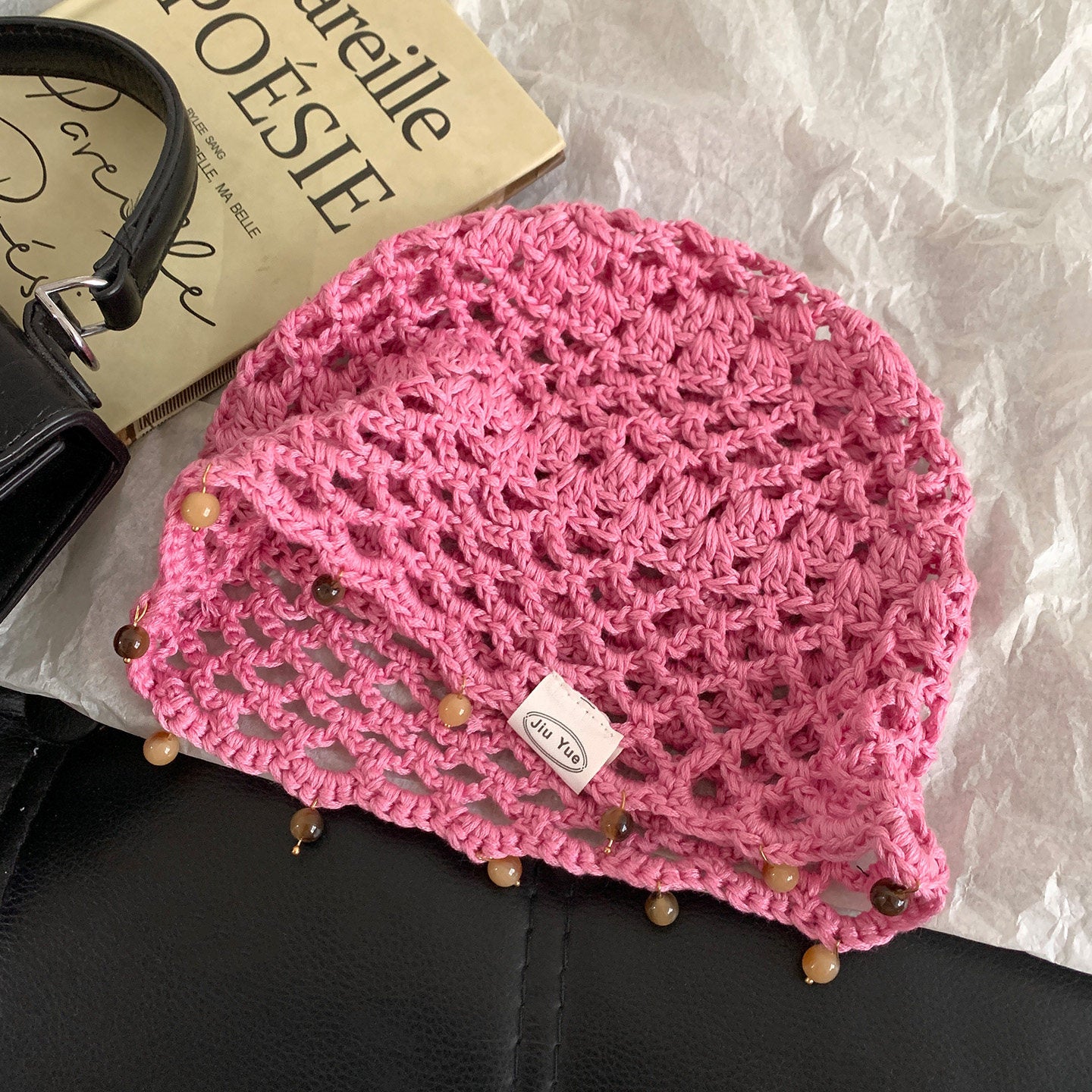 Haila - Solid Color Openwork Bead Charm Beanie