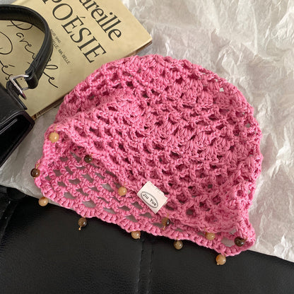 Haila - Solid Color Openwork Bead Charm Beanie