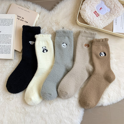 双面澳绒卡通刺绣袜子女毛绒可爱中筒睡眠地板袜加厚保暖秋冬