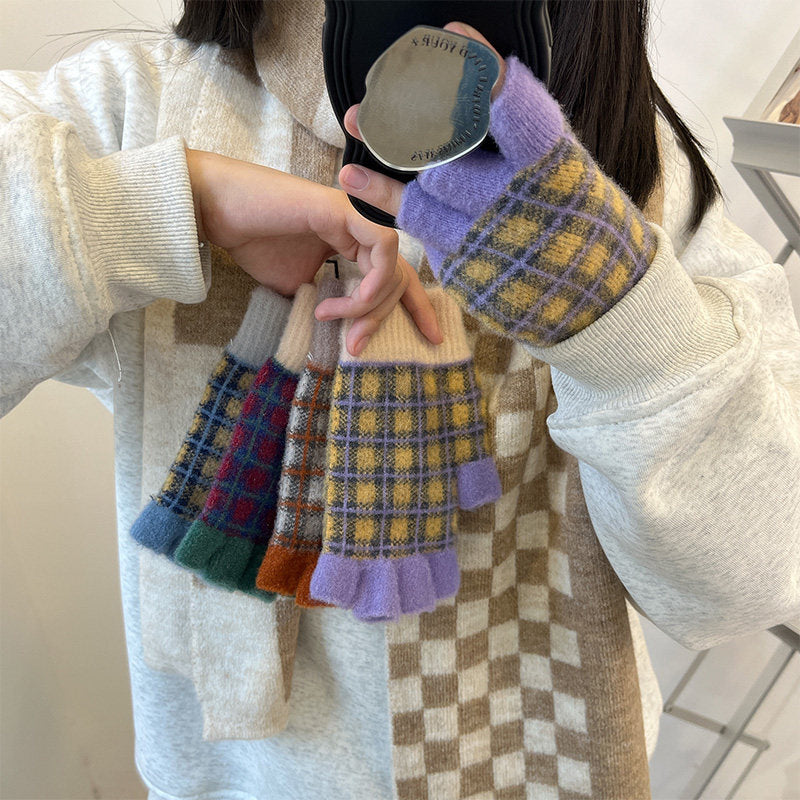 日系撞色格子保暖手套女生秋冬针织加绒半指开车骑行分指女学生潮