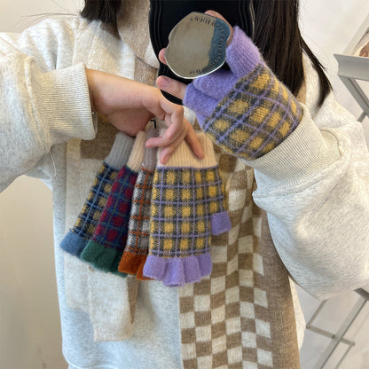 日系撞色格子保暖手套女生秋冬针织加绒半指开车骑行分指女学生潮