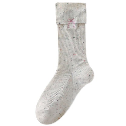 阿程家批发袜子点子纱女春秋中筒袜蝴蝶结刺绣JK洛丽塔双针堆堆袜