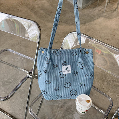 Vintage Corduroy Smiley Face Shoulder Tote Bag