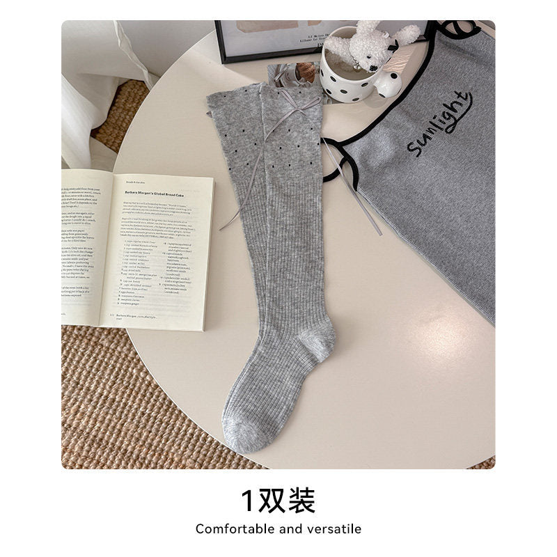 灰色蝴蝶结袜子女中筒袜纯棉夏季薄款日系jk芭蕾风堆堆袜波点长袜