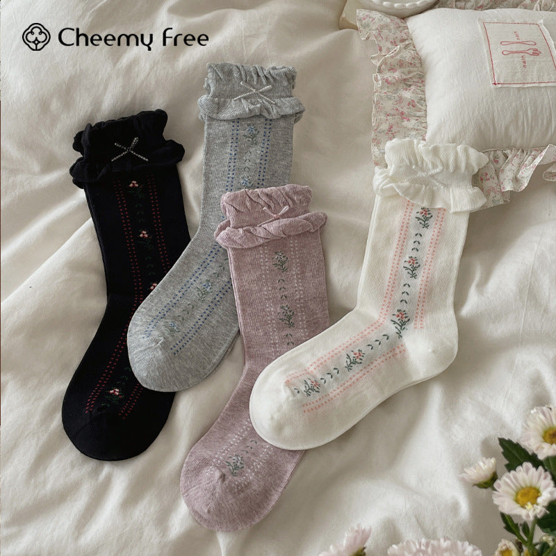 CHEEMYFREE秋冬复古田园立体花边中筒袜子女韩系花束无骨堆堆棉袜