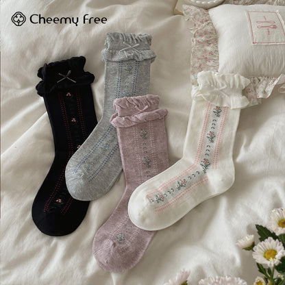 CHEEMYFREE秋冬复古田园立体花边中筒袜子女韩系花束无骨堆堆棉袜