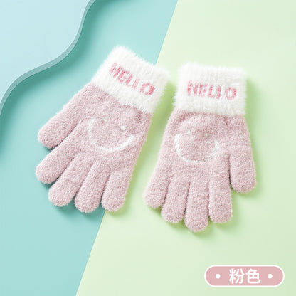 新款秋冬针织保暖手套女露指可触屏毛绒笑脸可爱学生骑车防寒手套