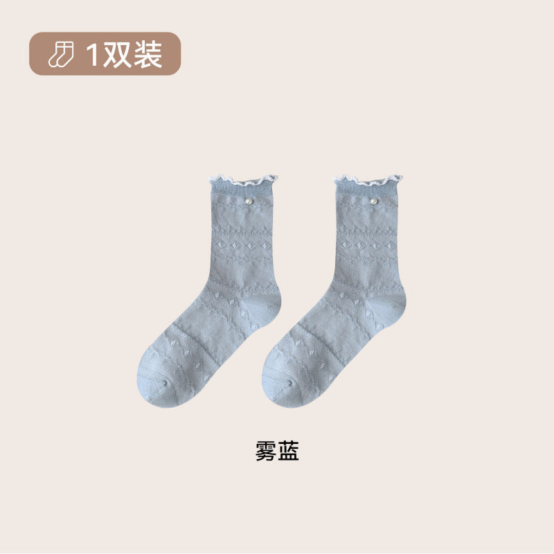 远润家秋冬新款小清新公主风中筒袜子女珍珠花边甜美无骨袜
