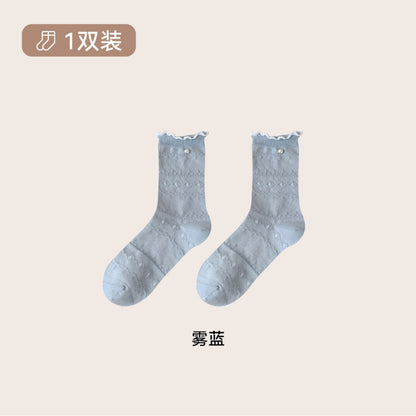 远润家秋冬新款小清新公主风中筒袜子女珍珠花边甜美无骨袜