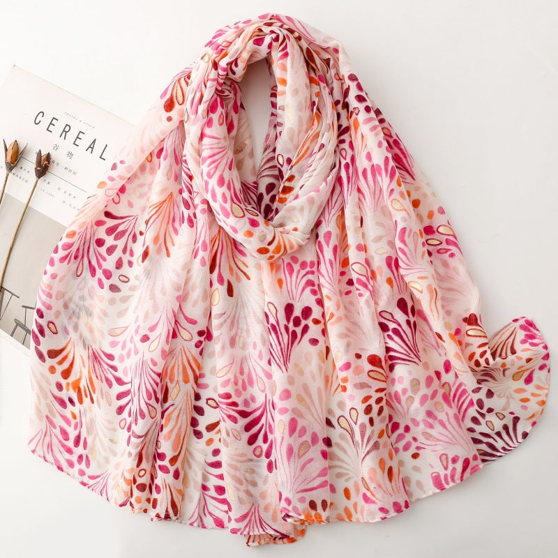 Red Botanical Fountain Print Wrap Scarf, draped front view
