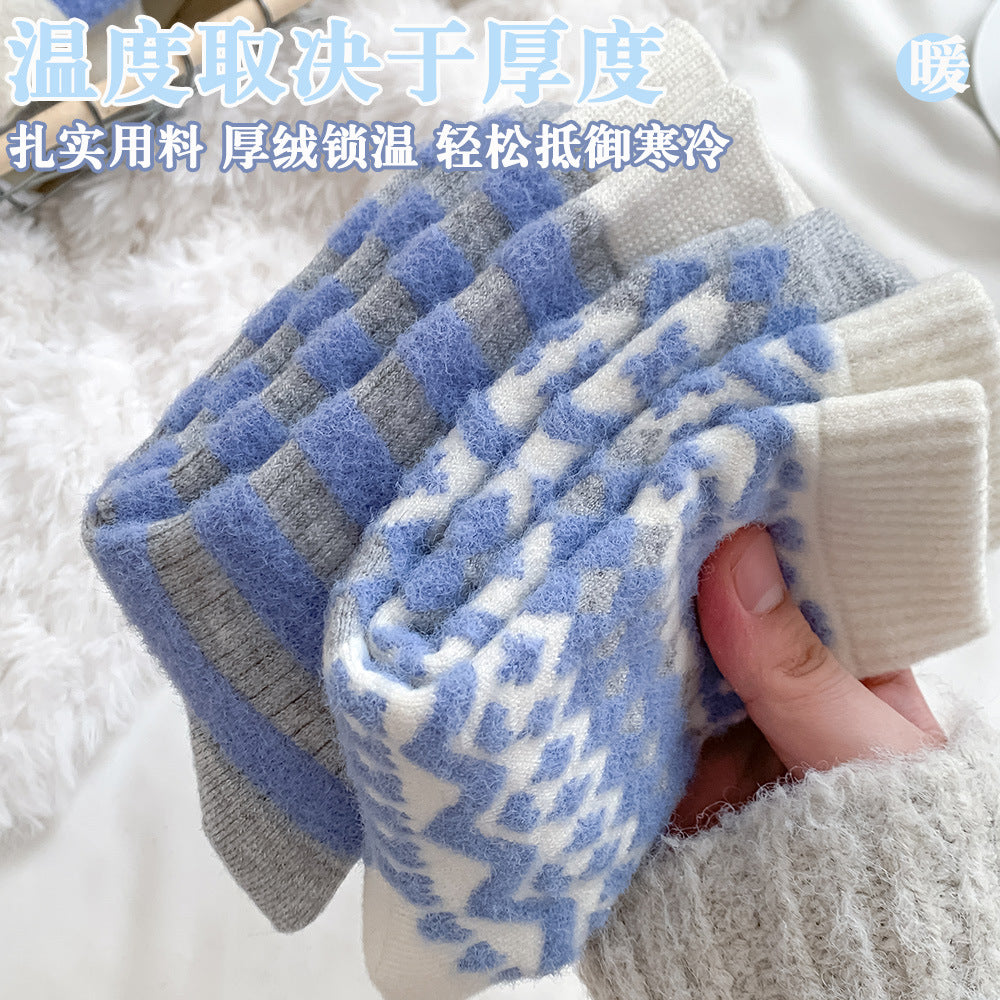 秋冬加厚袜子女暖绒袜保暖细腻中筒袜费尔岛条纹蝴蝶结百搭堆堆袜