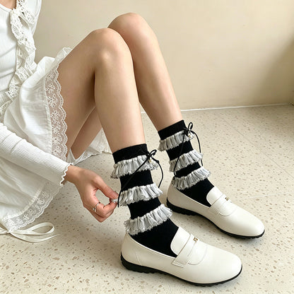 日系lolita蕾丝花边少女袜子夏季薄款小众蝴蝶结堆堆袜撞色中筒袜