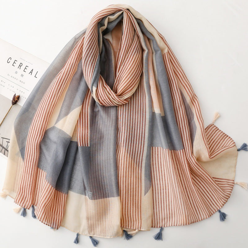 Mocha Blue Stripe Geometric Tassel Wrap Scarf, draped front view