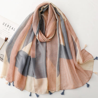 Mocha Blue Stripe Geometric Tassel Wrap Scarf, draped front view