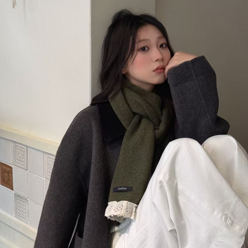韩国小清新蕾丝羊毛围巾冬季纯色宝宝针织洋气女童保暖防风围脖