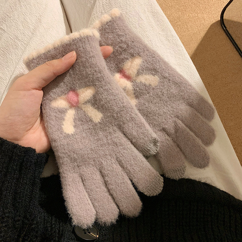 蝴蝶结分指手套女冬季ins加绒加厚毛绒保暖骑行针织可爱少女潮