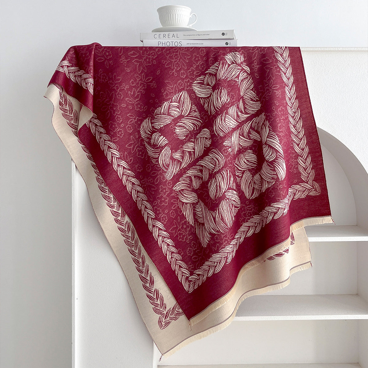 Product image for Scarvii - Floral Braid-Like Border Fringe Scarf (Burgundy)