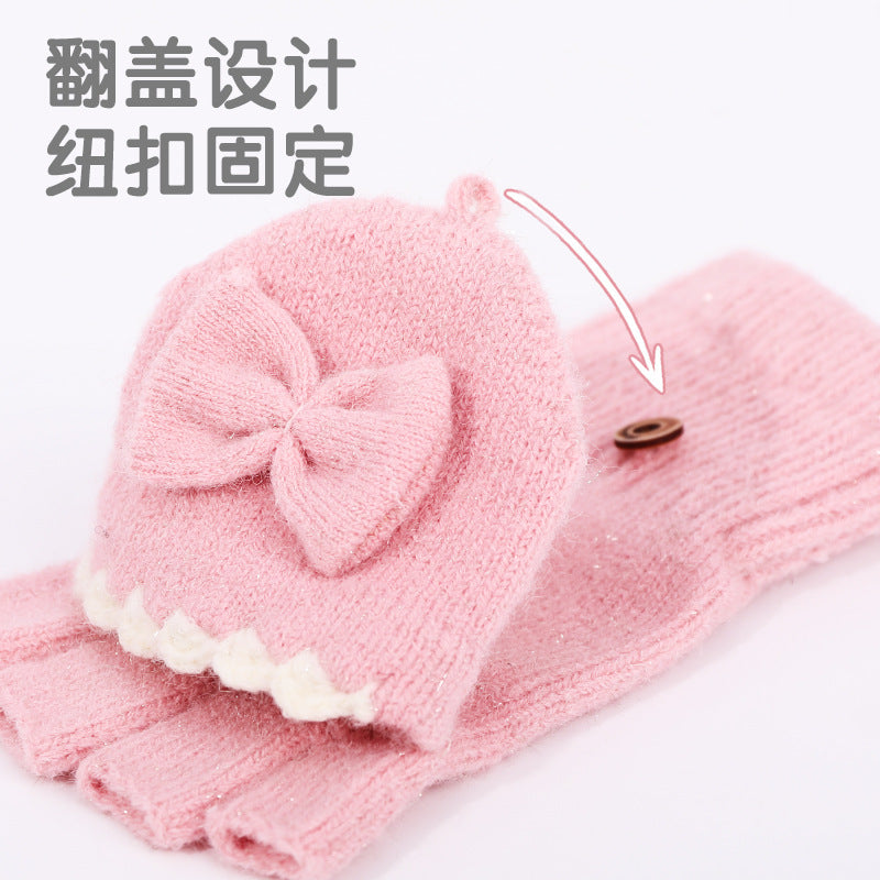 冬季保暖手套女翻盖蝴蝶结针织手套女成人触屏手套加绒露指手套男