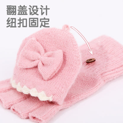 冬季保暖手套女翻盖蝴蝶结针织手套女成人触屏手套加绒露指手套男