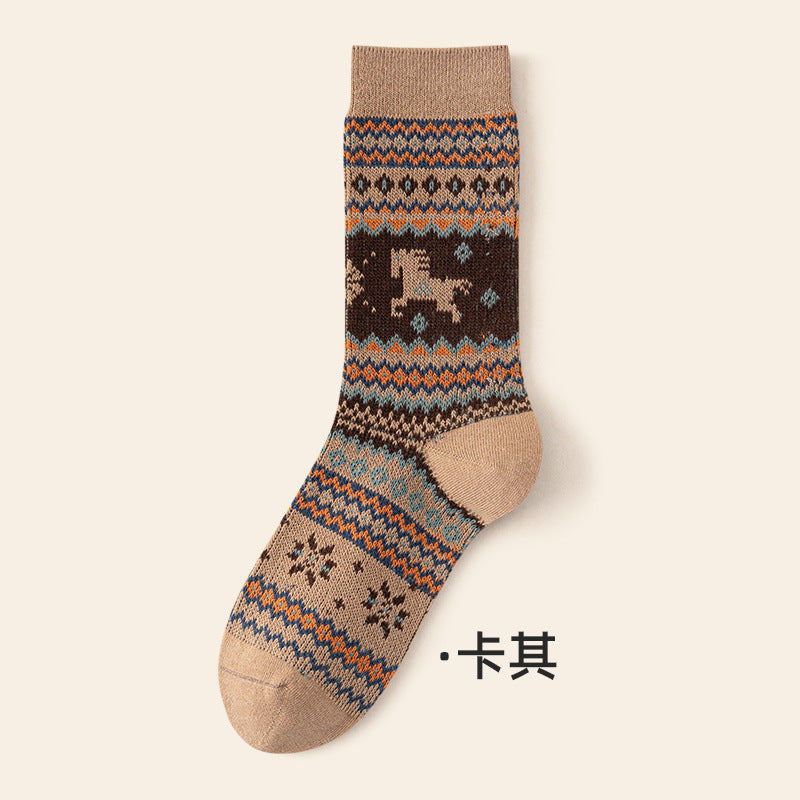 复古民族风中筒女袜秋冬季新款美拉德堆堆袜双针双路百搭马年袜子