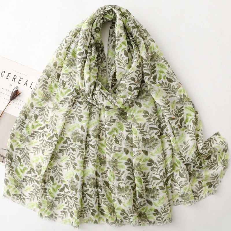 Green watercolor leaf foil wrap scarf product view