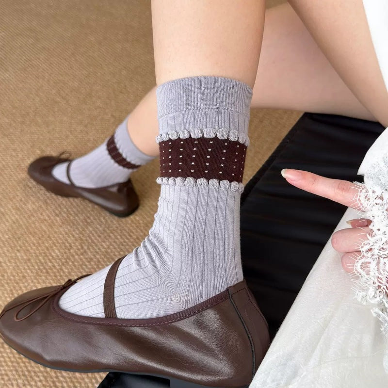 Rufia - Ribbed Cuff with Scalloped Trim Crew-Length Socks