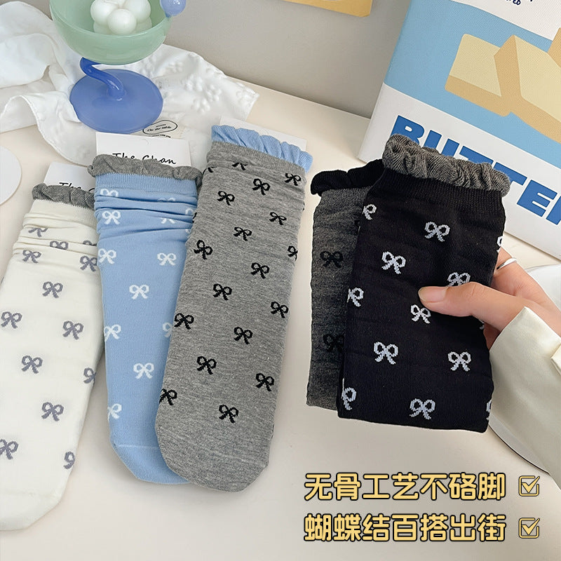 阿程家批发袜子女棉袜无骨JK洛丽塔蝴蝶结堆堆袜撞色中筒袜女款