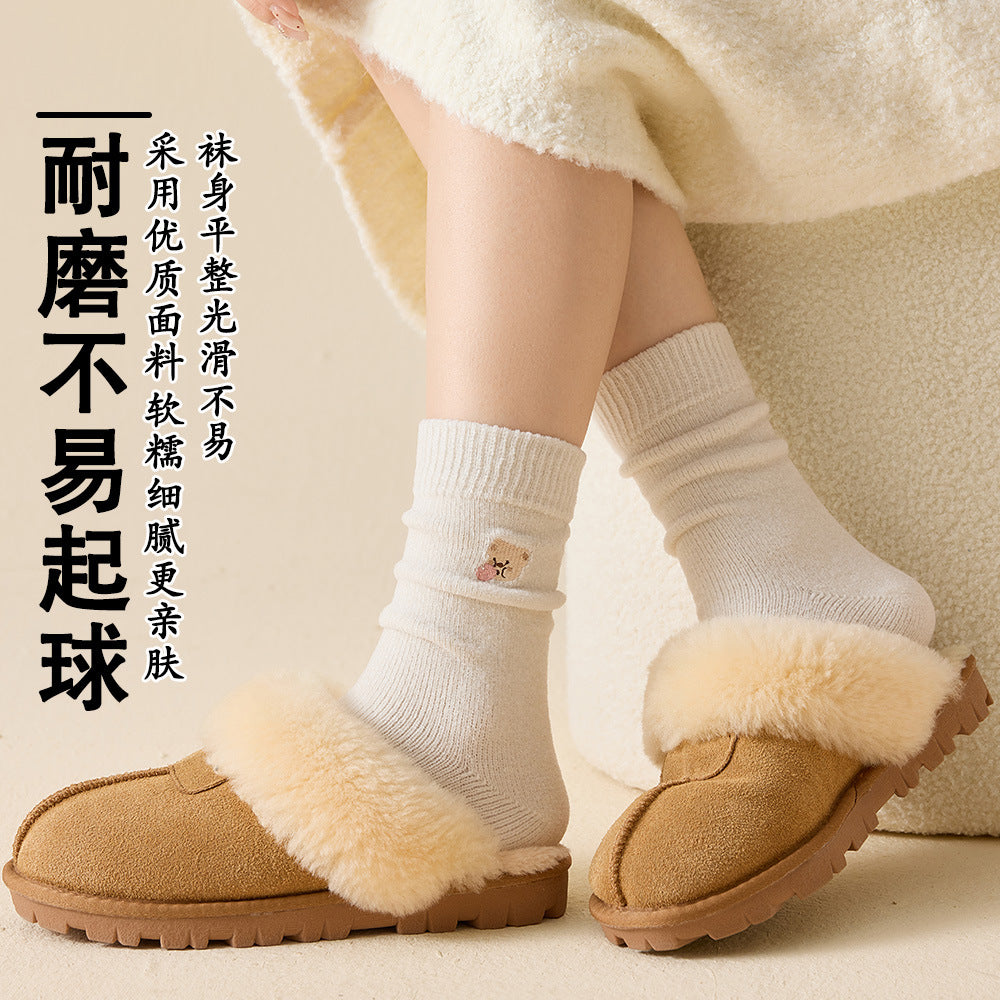 秋冬加厚保暖袜子女暖绒袜子卡通刺绣中筒袜堆堆袜地板袜