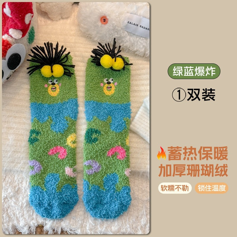 可爱卡通中筒袜女居家地板袜女跨境加厚睡眠袜女跨境新款保暖