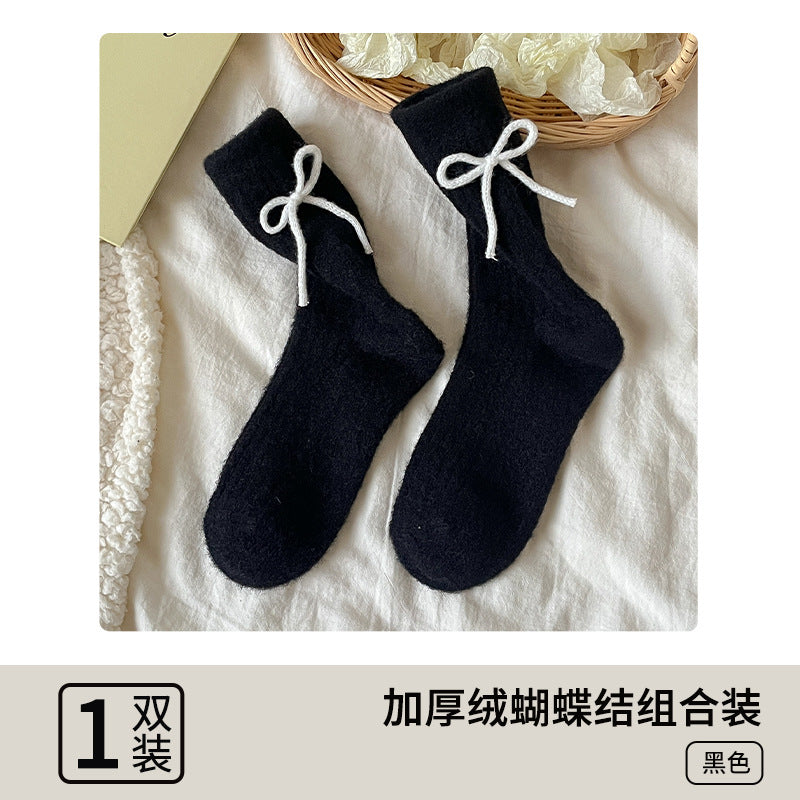 阿程家批发澳绒袜子女士秋冬加绒加厚中筒袜保暖冬季蝴蝶结堆堆袜