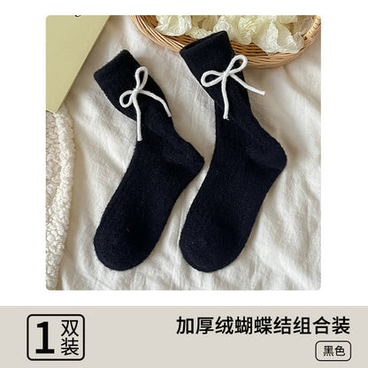阿程家批发澳绒袜子女士秋冬加绒加厚中筒袜保暖冬季蝴蝶结堆堆袜