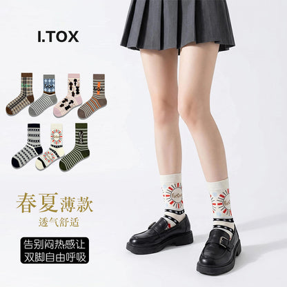 袜子女款夏薄日系复古条纹潮袜高棉无骨ins潮中筒袜中筒袜女夏