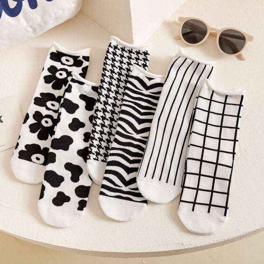 Rufia - Hip-Hop Classic Black and White Cow Print Striped Socks