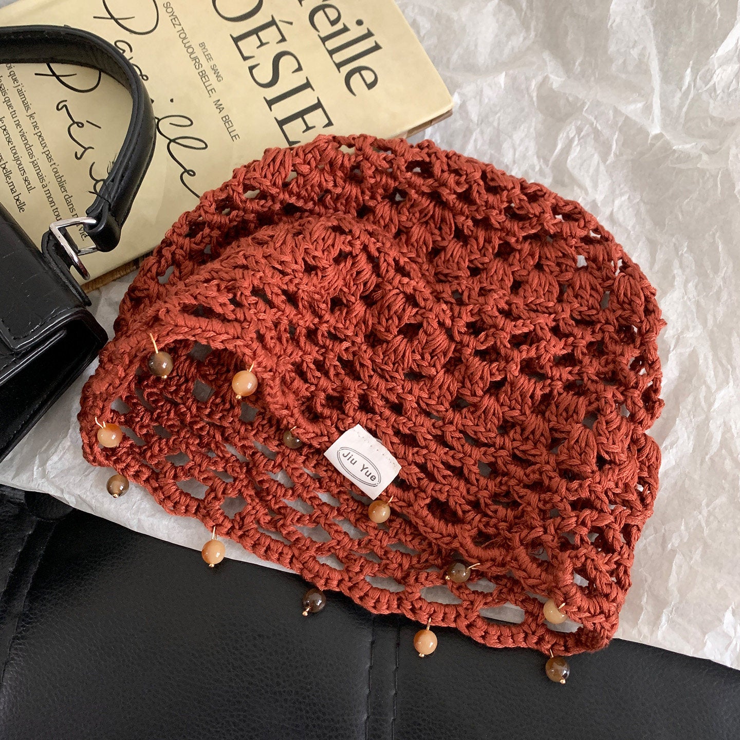 Haila - Solid Color Openwork Bead Charm Beanie