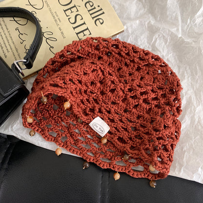 Haila - Solid Color Openwork Bead Charm Beanie