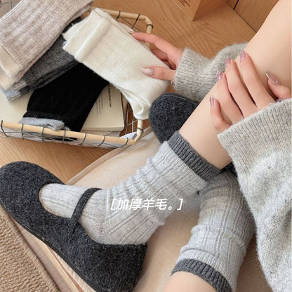 加厚双罗口羊毛袜子女中筒秋冬韩版撞色高级灰加厚保暖堆堆袜冬天