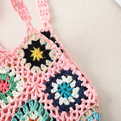 Top view of Cosbai Bohemian crochet woven bag showing opening
