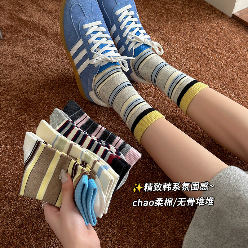 阿程家批发袜子女款条纹无骨中筒袜ins韩系秋冬棉袜日系复古堆堆