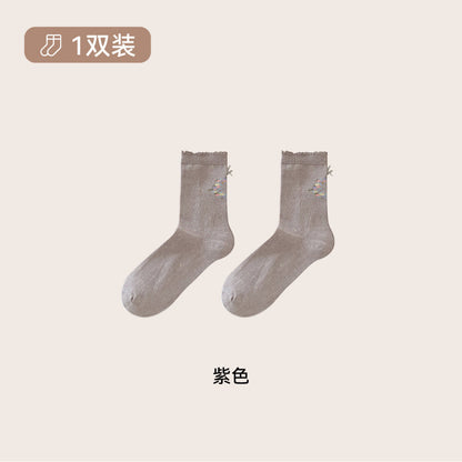 远润家秋冬小清新复古小花中筒袜子女秋少女风无骨堆堆女袜