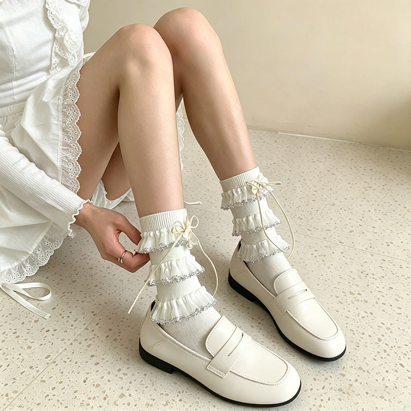 日系lolita蕾丝花边少女袜子夏季薄款小众蝴蝶结堆堆袜撞色中筒袜