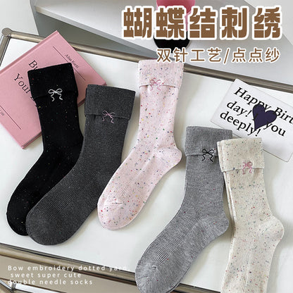 阿程家批发袜子点子纱女春秋中筒袜蝴蝶结刺绣JK洛丽塔双针堆堆袜