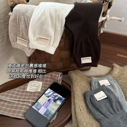 秋冬新品韩系纯色布标棉中筒袜ins潮百搭miu系灰咖色堆堆袜女袜子