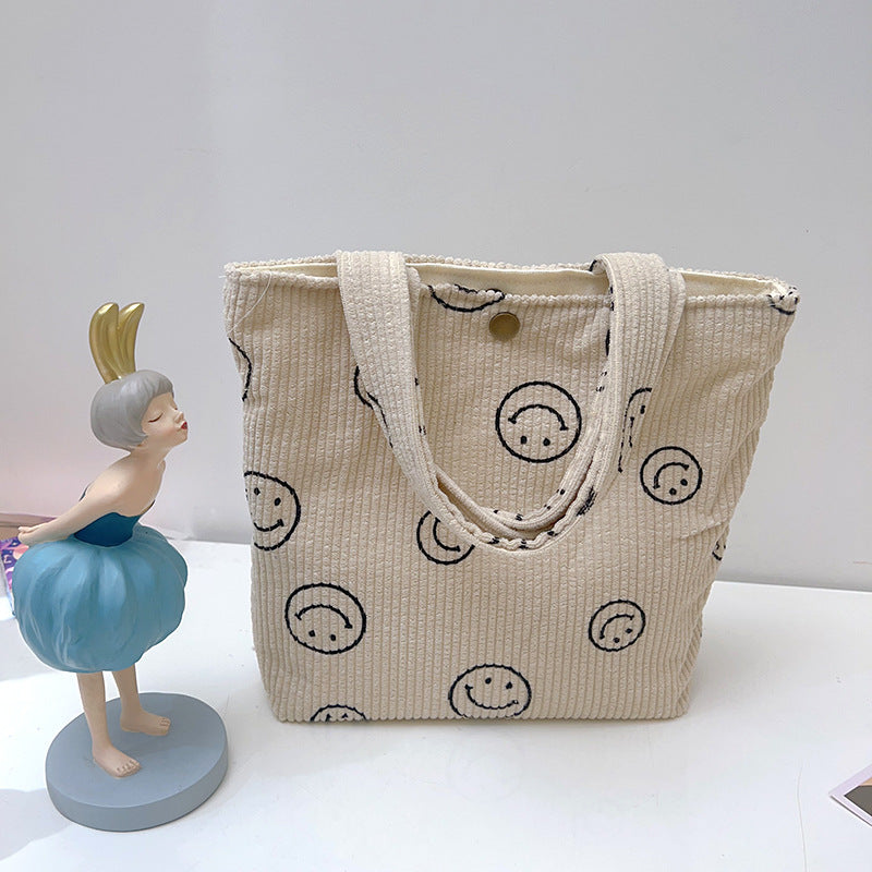 Corduroy Tote Bag with Smiley Face Design