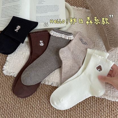 短袜ins韩系卡通美拉德复古咖春秋女士棉袜森系袜子女秋季中筒袜