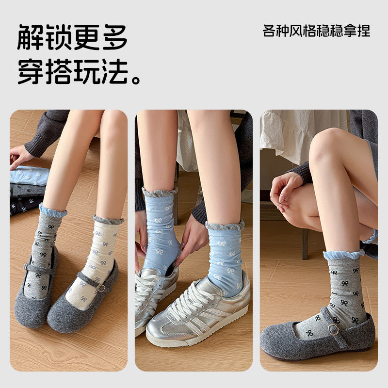 阿程家批发袜子女棉袜无骨JK洛丽塔蝴蝶结堆堆袜撞色中筒袜女款