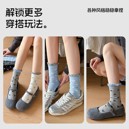 阿程家批发袜子女棉袜无骨JK洛丽塔蝴蝶结堆堆袜撞色中筒袜女款