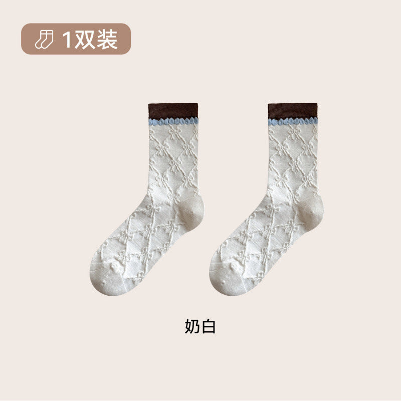 远润家秋冬复古撞色碎花菱格花边百搭袜子女无骨中筒棉袜女