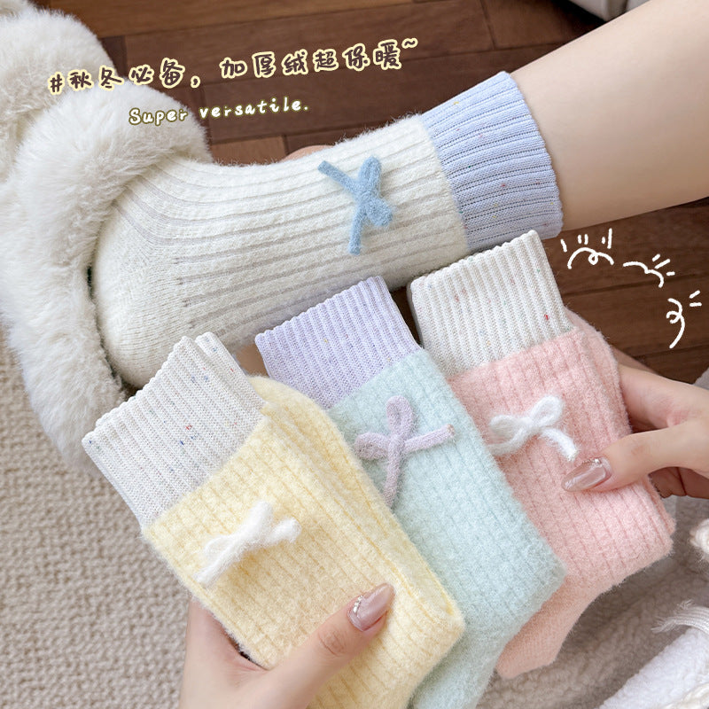 蝴蝶结澳绒袜子女撞色点子纱中筒袜彩色保暖冬天加绒加厚毛绒袜